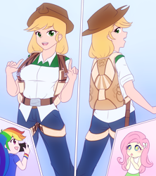 Size: 2000x2251 | Tagged: safe, artist:jonfawkes, character:applejack, character:fluttershy, character:rainbow dash, species:human, my little pony:equestria girls, air ponyville, camera, chibi, commission, harness, humanized, leather, multiple angles, outfit, parachute, pose, starry eyes, tack, wingding eyes