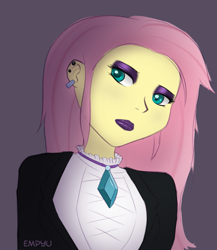 Size: 867x1000 | Tagged: safe, artist:empyu, character:fluttershy, my little pony:equestria girls, clothing, ear piercing, eyeshadow, female, fluttergoth, lipstick, makeup, piercing, solo