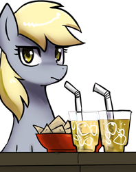 Size: 660x835 | Tagged: source needed, safe, artist:johnjoseco, character:derpy hooves, species:pegasus, species:pony, bowl, chips, drink, female, food, glasses, ice, ice cube, looking at you, mare, nachos, simple background, solo, straw, table, transparent background, unamused, underp