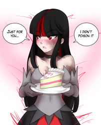 Size: 1400x1723 | Tagged: safe, artist:jonfawkes, oc, oc:ravelight, species:human, blushing, cake, embarrassed, evil counterpart, food, humanized, offering, shy