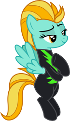 Size: 3000x5162 | Tagged: safe, artist:cloudyglow, character:lightning dust, species:pegasus, species:pony, episode:the washouts, g4, my little pony: friendship is magic, .ai available, absurd resolution, clothing, crossed hooves, female, flying, mare, raised eyebrow, simple background, smug, solo, transparent background, underhoof, uniform, vector, washouts uniform