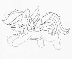 Size: 1024x844 | Tagged: safe, artist:pabbley, character:rainbow dash, species:pegasus, species:pony, ear fluff, eyes closed, female, mare, monochrome, onomatopoeia, simple background, smiling, solo, stretching, white background