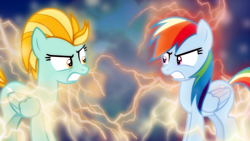 Size: 1600x900 | Tagged: safe, artist:cloudyglow, artist:sailortrekkie92, edit, character:lightning dust, character:rainbow dash, species:pegasus, species:pony, angry, electric dash, facing each other, female, lightning, mare, rivalry, wallpaper, wallpaper edit
