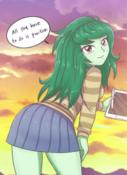 Size: 2479x3424 | Tagged: safe, artist:sumin6301, character:wallflower blush, equestria girls:forgotten friendship, g4, my little pony: equestria girls, my little pony:equestria girls, adorasexy, ass, butt, clothing, cute, dialogue, female, flowerbetes, freckles, looking at you, looking back, looking back at you, miniskirt, pleated skirt, sexy, skirt, smiling, solo, speech bubble, stylus, sweater, tablet, thighs, wallflower butt