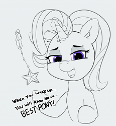 Size: 1280x1383 | Tagged: safe, artist:pabbley, character:starlight glimmer, species:pony, species:unicorn, episode:starlight the hypnotist, spoiler:interseason shorts, 30 minute art challenge, best pony, dialogue, female, glowing horn, hypnosis, looking at you, magic, mare, monochrome, open mouth, partial color, pendulum swing, smiling, solo, talking to viewer