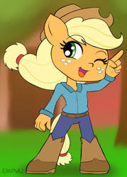 Size: 714x1000 | Tagged: safe, artist:empyu, character:applejack, species:anthro, species:plantigrade anthro, boots, chibi, clothing, cowboy hat, female, freckles, happy, hat, one eye closed, open mouth, pants, solo, stetson, wink