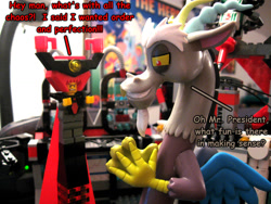 Size: 1024x768 | Tagged: safe, artist:aleximusprime, character:discord, crossover, dialogue, funko, irl, lego, lord business, photo, the lego movie, toy