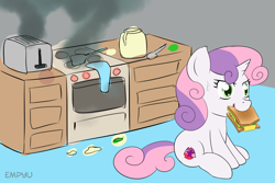 Size: 1000x667 | Tagged: safe, artist:empyu, character:sweetie belle, cooking, eating, female, filly, food, kitchen, messy mane, mouth hold, sandwich, smoke, solo, stove, sweat, sweetie belle can't cook, sweetie fail, toaster