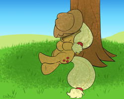 Size: 1000x800 | Tagged: safe, artist:empyu, character:applejack, species:pony, clothing, cowboy hat, cute, female, hat, jackabetes, mare, nap, sleeping, solo, stetson, tree