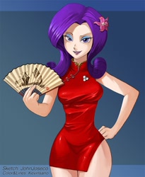Size: 900x1098 | Tagged: safe, artist:johnjoseco, artist:kevinsano, character:rarity, species:human, g4, abstract background, breasts, busty rarity, cheongsam, clothing, curvy, dress, fan, female, hand fan, humanized, minidress, photoshop, red dress, side slit, skinny, solo, vacuum sealed clothing, wide hips