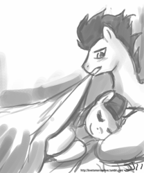 Size: 667x800 | Tagged: safe, artist:johnjoseco, character:soarin', character:twilight sparkle, bed, blushing, covering, eyes closed, female, grayscale, male, monochrome, pillow, sheet, shipping, sleeping, smiling, soarlight, straight