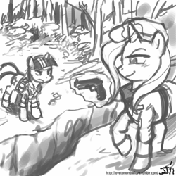Size: 800x800 | Tagged: safe, artist:johnjoseco, character:trixie, character:twilight sparkle, crossover, grayscale, gun, konami, metal gear, metal gear solid 3, monochrome, naked snake, pistol, revolver ocelot