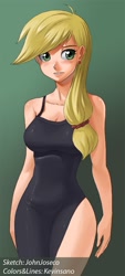 Size: 581x1280 | Tagged: safe, artist:johnjoseco, artist:kevinsano, character:applejack, species:human, applebucking thighs, aya brea, big breasts, black dress, breasts, busty applejack, clothing, cosplay, costume, crossover, curvy, dress, female, gradient background, humanized, little black dress, parasite eve, photoshop, side slit, solo, thighs