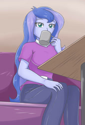Size: 2119x3101 | Tagged: safe, artist:sumin6301, character:princess luna, character:vice principal luna, my little pony:equestria girls, beverage, clothing, cup, drinking, female, high res, pants, shirt, sitting, solo, table, vice principal luna