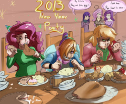 Size: 1938x1600 | Tagged: safe, artist:sundown, character:applejack, character:fluttershy, character:pinkie pie, character:rainbow dash, character:rarity, character:twilight sparkle, horned humanization, humanized, new year, winged humanization