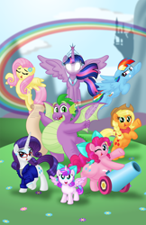 Size: 1024x1583 | Tagged: safe, artist:aleximusprime, character:applejack, character:fluttershy, character:pinkie pie, character:princess flurry heart, character:rainbow dash, character:rarity, character:spike, character:twilight sparkle, character:twilight sparkle (alicorn), species:alicorn, species:dragon, species:pony, adult, adult spike, canterlot, canterlot castle, chubbie pie, chubby, chubby spike, fat, fat spike, female, filly, flower, flower in hair, glasses, mane seven, mane six, older, older spike, party cannon, pudgy pie, rainbow, winged spike, younger