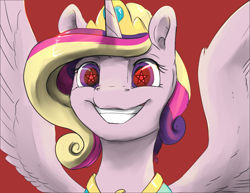 Size: 800x618 | Tagged: safe, artist:silfoe, edit, character:princess cadance, species:alicorn, species:pony, alternate hairstyle, alternate universe, face, female, grin, horn, jewelry, mare, meme, oh god, pentagram, regalia, satanism, smiling, solo, spread wings, starry eyes, tiara, triggered, wingding eyes, wings