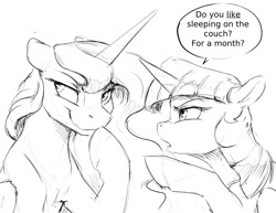 Size: 990x765 | Tagged: safe, artist:silfoe, character:princess luna, character:twilight sparkle, character:twilight sparkle (alicorn), species:alicorn, species:pony, royal sketchbook, ship:twiluna, description is relevant, dialogue, female, grayscale, lesbian, mare, monochrome, raised hoof, reversalmushroom, shipping, simple background, speech bubble, this will end in sleeping on the couch, twilight is not amused, unamused, white background
