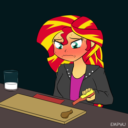 Size: 1000x1000 | Tagged: safe, artist:empyu, character:sunset shimmer, my little pony:equestria girls, 30 minute art challenge, clothing, female, glass, hot ones, hot wings, milk, reference, solo, spicy, youtube