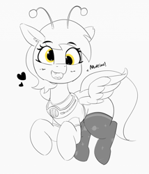 Size: 878x1024 | Tagged: safe, artist:pabbley, character:derpy hooves, species:pegasus, species:pony, alien, antennae, clothing, cute, derpabetes, fangs, female, flying, mare, monochrome, neo noir, open mouth, partial color, simple background, smiling, socks, solo, text, white background