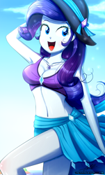 Size: 820x1360 | Tagged: safe, artist:the-butch-x, character:rarity, g4, my little pony: equestria girls, my little pony:equestria girls, adorasexy, armpits, beautiful, beautisexy, belly button, bikini, bikini babe, breasts, busty rarity, cleavage, clothing, commission, cute, female, geode of shielding, hat, magical geodes, midriff, open mouth, raribetes, sarong, sexy, solo, stupid sexy rarity, sun hat, swimsuit, thighs