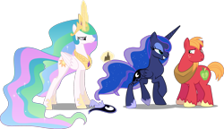 Size: 2280x1309 | Tagged: safe, artist:cloudyglow, artist:irisiter, artist:rainbowderp98, artist:spacekingofspace, edit, editor:slayerbvc, character:big mcintosh, character:princess celestia, character:princess luna, species:alicorn, species:earth pony, species:pony, ship:lunamac, annoyed, celestia is not amused, crown, female, flirting, hoof shoes, jewelry, lidded eyes, magic, male, mare, not sure if want, peytral, regalia, royal sisters, shipping, simple background, stallion, straight, transparent background, unamused, undressing, vector, vector edit