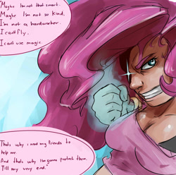 Size: 1280x1272 | Tagged: safe, artist:sundown, character:pinkie pie, female, humanized, martial arts, one piece, quote, reference, solo