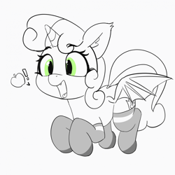 Size: 1280x1281 | Tagged: safe, artist:pabbley, character:sweetie belle, species:alicorn, species:bat pony, species:pony, alicornified, apple, bat ponified, bat pony alicorn, clothing, exclamation point, fangs, female, food, monochrome, neo noir, open mouth, partial color, race swap, simple background, smiling, socks, solo, sweetie bat, white background