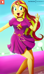Size: 1204x1992 | Tagged: safe, artist:the-butch-x, character:sunset shimmer, equestria girls:spring breakdown, g4, my little pony: equestria girls, my little pony:equestria girls, spoiler:eqg series (season 2), breasts, clothing, cloud, cute, dress, female, happy, legs, open mouth, patreon, patreon logo, shimmerbetes, signature, skirt, sky, smiling, solo