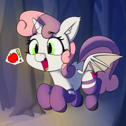 Size: 2089x2090 | Tagged: safe, artist:pabbley, character:sweetie belle, species:alicorn, species:bat pony, species:pony, alicornified, apple, bat ponified, bat pony alicorn, clothing, colored, cute, dialogue, diasweetes, ear fluff, exclamation point, fangs, female, food, open mouth, race swap, smiling, socks, solo, speech bubble, sweetie bat, sweetiecorn