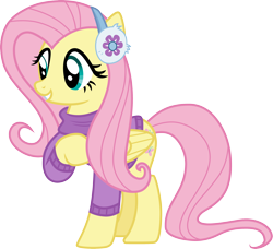Size: 3284x3000 | Tagged: safe, artist:cloudyglow, artist:yanoda, character:fluttershy, species:pegasus, species:pony, episode:best gift ever, g4, my little pony: friendship is magic, .ai available, clothing, earmuffs, female, mare, simple background, solo, sweater, transparent background, vector, winter