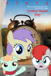 Size: 1700x2530 | Tagged: safe, artist:cloudyglow, artist:leapingriver, artist:punzil504, character:alula, character:peach fuzz, character:pluto, character:train tracks, species:pony, fanfic:critter snow day, episode:a flurry of emotions, episode:call of the cutie, episode:twilight time, g4, my little pony: friendship is magic, :o, author:fluttercheer, background pony, clock, clothing, colt, fanfic art, female, filly, foal, groundhog day, male, movie poster, o, o mouth, open mouth, pluto, ponified, red scarf, scarf