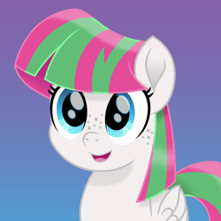 Size: 1500x1500 | Tagged: safe, artist:cloudyglow, character:blossomforth, species:pegasus, species:pony, g4, my little pony: the movie (2017), adoraforth, cute, female, freckles, gradient background, mare, movie accurate, open mouth, open smile, simple background, smiling, solo, style emulation, three quarter view