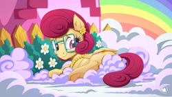 Size: 1920x1080 | Tagged: safe, alternate version, artist:mysticalpha, character:posey shy, species:pegasus, species:pony, cloud, cute, female, fence, flower, flower in hair, folded wings, glasses, house, jewelry, lidded eyes, lightly watermarked, looking at you, mare, necklace, prone, rainbow, sfw edit, smiling, solo, strategically covered, underhoof, watermark, wings