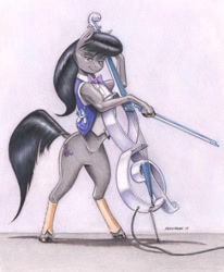 Size: 1100x1338 | Tagged: safe, artist:baron engel, character:dj pon-3, character:octavia melody, character:vinyl scratch, species:earth pony, species:pony, bipedal, bipedal leaning, bow (instrument), cello, cello bow, clothing, colored pencil drawing, electric cello, featureless crotch, female, hoof hold, leaning, mare, musical instrument, plushie, semi-anthro, solo, spats, traditional art, vest