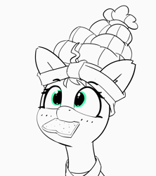 Size: 1618x1826 | Tagged: safe, artist:pabbley, character:meadowbrook, species:earth pony, species:pony, bread, bust, cute, female, food, looking up, mare, meadowcute, monochrome, mouth hold, neo noir, partial color, simple background, smiling, solo, toast, white background