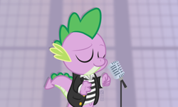 Size: 1000x600 | Tagged: safe, artist:dm29, character:spike, april fools, clothing, eyes closed, microphone, rick astley, rickroll