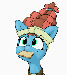 Size: 1618x1826 | Tagged: safe, artist:pabbley, edit, editor:jh, character:meadowbrook, species:earth pony, species:pony, g4, bread, bust, color edit, colored, cute, female, food, looking up, mare, meadowcute, mouth hold, simple background, smiling, solo, toast, white background