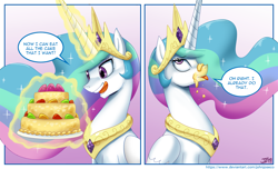 Size: 1500x911 | Tagged: safe, artist:johnjoseco, character:princess celestia, species:alicorn, species:pony, episode:the beginning of the end, g4, my little pony: friendship is magic, blep, cake, cakelestia, collar, comic, crown, cute, cutelestia, dialogue, eyeroll, eyes on the prize, female, food, gradient background, jewelry, levitation, licking, licking lips, lidded eyes, looking up, magic, majestic as fuck, mare, messy eating, necklace, open mouth, regalia, silly, sitting, smiling, smirk, solo, speech bubble, telekinesis, tiara, tongue out