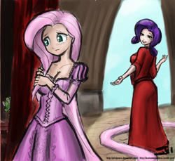 Size: 800x733 | Tagged: safe, artist:johnjoseco, artist:michos, edit, character:fluttershy, character:gummy, character:rarity, species:human, cleavage, clothing, color edit, colored, crossover, disney princess, dress, female, humanized, impossibly long hair, long hair, mother gothel, rapunzel, tangled (disney)