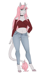Size: 512x797 | Tagged: safe, artist:askbubblelee, oc, oc only, oc:rosie quartz, species:anthro, species:pony, species:unguligrade anthro, species:unicorn, belly button, clothing, female, leonine tail, mare, midriff, short shirt, simple background, smiling, solo, white background