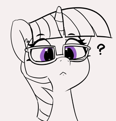 Size: 1845x1929 | Tagged: safe, artist:pabbley, character:twilight sparkle, character:twilight sparkle (scitwi), species:pony, species:unicorn, :<, adorkable, bust, cute, dork, equestria girls ponified, female, glasses, mare, monochrome, neo noir, partial color, question mark, solo, unicorn sci-twi