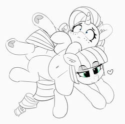 Size: 3624x3579 | Tagged: safe, artist:pabbley, character:maud pie, character:rarity, species:earth pony, species:pony, species:unicorn, belly button, cute, ear fluff, eye clipping through hair, female, frog (hoof), happy, heart, lying on top of someone, mare, maudabetes, monochrome, neo noir, on back, partial color, raribetes, shocked, shrunken pupils, smiling, underhoof