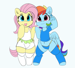 Size: 5277x4758 | Tagged: safe, artist:pabbley, edit, character:fluttershy, character:rainbow dash, species:pegasus, species:pony, belly button, bipedal, clothing, color edit, colored, cute, dashabetes, female, frog (hoof), looking at you, mare, midriff, semi-anthro, shyabetes, socks, underhoof