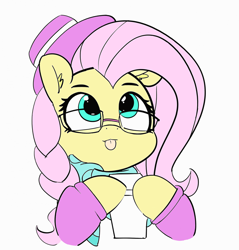 Size: 1280x1341 | Tagged: safe, artist:pabbley, edit, character:fluttershy, species:pony, episode:fake it 'til you make it, alternate hairstyle, blep, color edit, colored, cute, female, hipstershy, mare, shyabetes, silly, simple background, smiling, solo, tongue out, white background