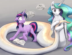 Size: 3300x2550 | Tagged: safe, artist:silfoe, character:princess celestia, character:twilight sparkle, character:twilight sparkle (unicorn), species:alicorn, species:lamia, species:pony, species:unicorn, book, commission, cute, cutelestia, danger noodle, dialogue, female, floppy ears, frown, gradient background, gray background, gritted teeth, hoof fluff, lamiafied, leg fluff, looking back, mare, messy mane, monster mare, oh no, ophidiophobia, original species, panic, raised hoof, scared, shrunken pupils, simple background, snake pony, snakelestia, species swap, speech bubble, spell gone wrong, spellbook, surprised, tail, this will end in tears and/or a journey to the moon, transformation, wide eyes, wing fluff