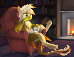 Size: 1320x1020 | Tagged: safe, artist:silfoe, oc, oc only, oc:ember burd, species:griffon, book, bookshelf, chair, colored wings, commission, eared griffon, fire, fireplace, gradient wings, griffon oc, male, paws, reading, smiling, solo