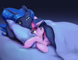 Size: 1320x1020 | Tagged: safe, artist:silfoe, character:princess luna, character:twilight sparkle, character:twilight sparkle (alicorn), species:alicorn, species:pony, ship:twiluna, bed, cuddling, cute, female, lesbian, mare, shipping, smiling