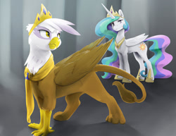 Size: 1320x1020 | Tagged: safe, artist:silfoe, character:gilda, character:princess celestia, species:alicorn, species:griffon, species:pony, fanfic:the 8th rank, commission, crown, duo, duo female, fanfic art, female, jewelry, looking back, mare, princess gilda, queen gilda, regalia, smiling