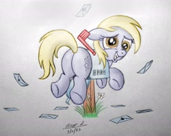 Size: 2634x2098 | Tagged: safe, artist:aleximusprime, artist:scobionicle99, character:derpy hooves, species:pegasus, species:pony, buttstuck, derpy inside a mailbox, female, mailbox, mare, plot, solo, stuck, traditional art